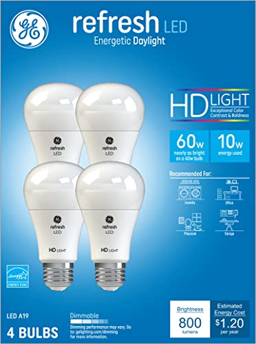 GE Lighting Refresh LED Light Bulbs, 10 Watts (60 Watt Eqv) Daylight HD Light, A19 Standard Bulbs (4 Pack)
