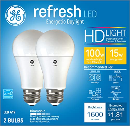 GE Lighting Refresh LED Light Bulbs, 15 Watt (100 Watt Eqv) Daylight HD Light, A19 Standard Bulbs, White(2 Pack)