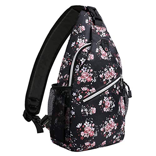 MOSISO Sling Backpack,Travel Hiking Daypack Pattern Rope Crossbody Shoulder Bag, Black Base Floral