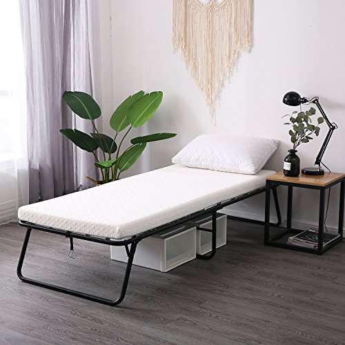 LEISUIT Foldaway Guest Bed Cot Fold Out Bed – Portable Folding Bed Frame with Thick Memory Foam Mattress for Spare Bedroom & Office