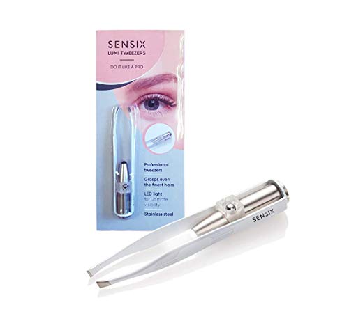 Sensica Lumi Tweezers – Precision Tweezers With Light For Men And Women. Slant Tip With Point For A Professional Tweezing Experience [eyebrows, Nose, Lip, Hair Removal] Led Light Stainless Steel