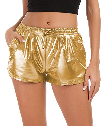 Tandisk Women’s Yoga Hot Shorts Shiny Metallic Pants with Elastic Drawstring Gold M
