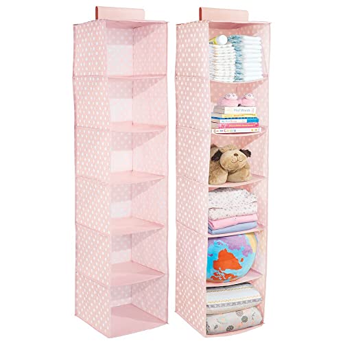 mDesign Soft Fabric Over Closet Rod Hanging Storage Organizer with 6 Shelves for Child/Kids Room or Nursery – Polka Dot Pattern – 2 Pack – Light Pink with White Dots