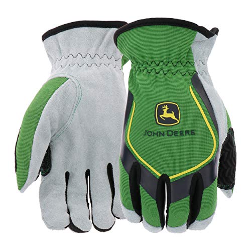 John Deere Men’s Split Cowhide Leather Palm Gloves, Cut Resistant, Keystone Thumb, Flexible Fit, Green/Black, Large (JD00035-L)