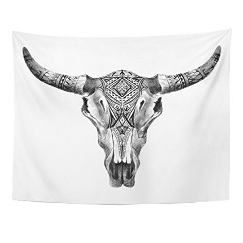 Emvency Tapestry Black Bull Aztec Longhorn Skull Cow Tribal Home Decor Wall Hanging for Living Room Bedroom Dorm 60×80 inches