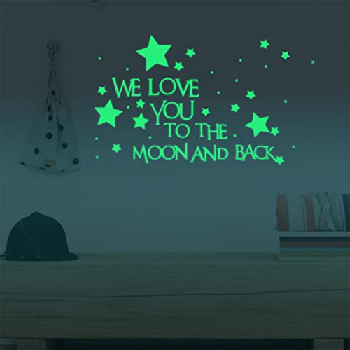 Nursery Wall Decals Glowing Words Stickers – WE Love You to The Moon and Back – Words Glow in The Dark with Stars Around Wallpaper for Kids Bedroom Ceiling
