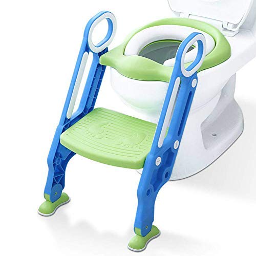 Potty Training Toilet Seat with Step Stool Ladder for Boys and Girls Baby Toddler Kid Children Toilet Training Seat Chair with Handles Padded Seat Non-Slip Wide Step (Blue Green)