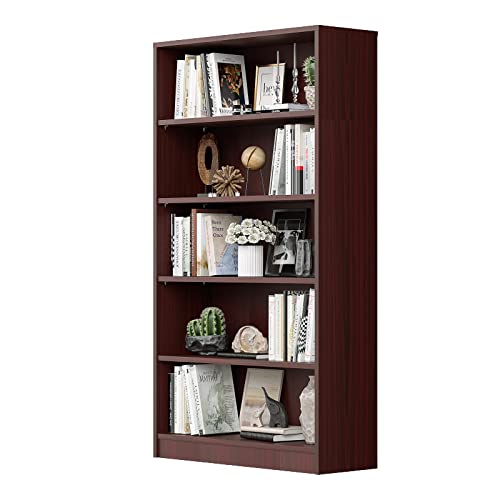 Wood Bookcase 5-Shelf Freestanding Display Wooden Bookshelf for Home Office School (11.6″*33″W*59.8″ H, Mahogany)
