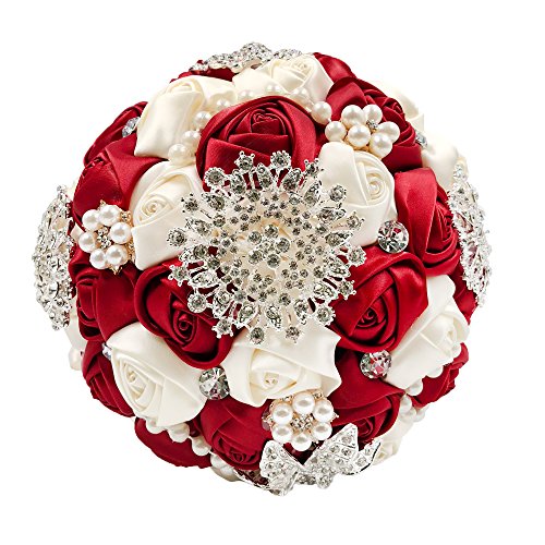 Abbie Home 8 Inches Bride Wedding Bouquet in Burgundy – White Satin Roses with Pearls Rhinestone Brooches Accessories (Burgundy&White)