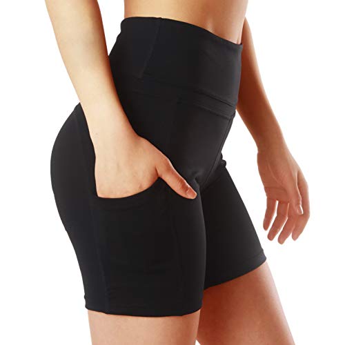 ChinFun Yoga Shorts for Women High Waist Tummy Control 4 Way Stretch Workout Running Shorts Side Pockets Black Size M