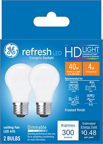 GE Lighting Refresh LED Light Bulbs, 40 Watt Eqv, Daylight HD Light, A15 Ceiling Fan Bulbs, Medium Base (2 Pack)