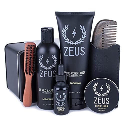 ZEUS Premium Beard Care Kit – Complete Grooming Set, Beard Wash Combo, Beard Oil & Balm, Beard Brush & Comb (Sandalwood)
