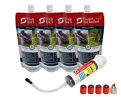 TireJect Off-Road Tubeless Tire Sealant Kit: Fix a Flat Tire & Prevent Flat Tires, Seal Punctures Leaks Dry Rot Thorns Nails Screws, tire Repair Slime, Puncture tire Sealer (40oz, 4-Tire Value Pack)
