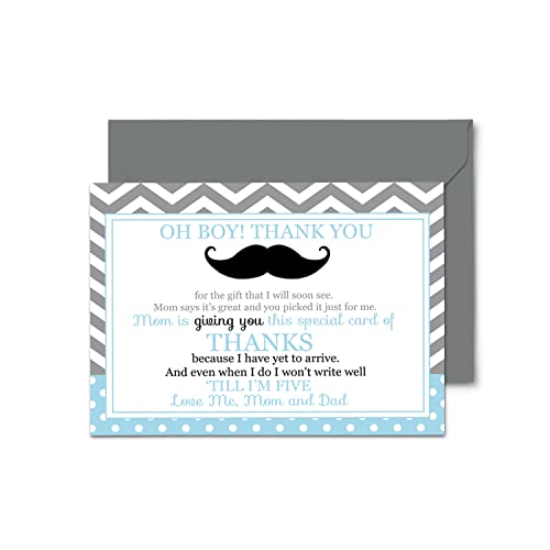 Mustache Baby Shower Thank You Cards (15 Pack) Prefilled Note from Boy – Individual Notecards with Envelopes – Say Thanks for Babies Registry Gifts – Blue Theme Little Man – 4×6 Blank Set Stationery