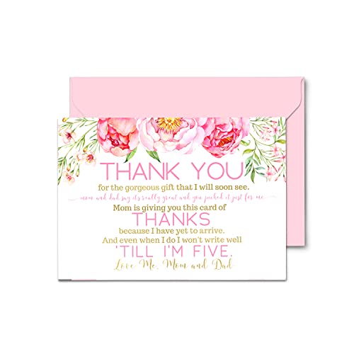 Cottage Floral Baby Shower Thank You Cards (15 Pack) Prefilled Note from Girl – Individual Pink Notecards with Envelopes – Say Thanks for Babies Registry Gifts – Rustic Theme – 4×6 Blank Stationery