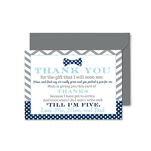 Bow Tie Baby Shower Thank You Cards with Envelopes (15 Pack) Prefilled Message from Boys – Notecards for Babies Registry – Navy and Grey Theme – 4×6 Set