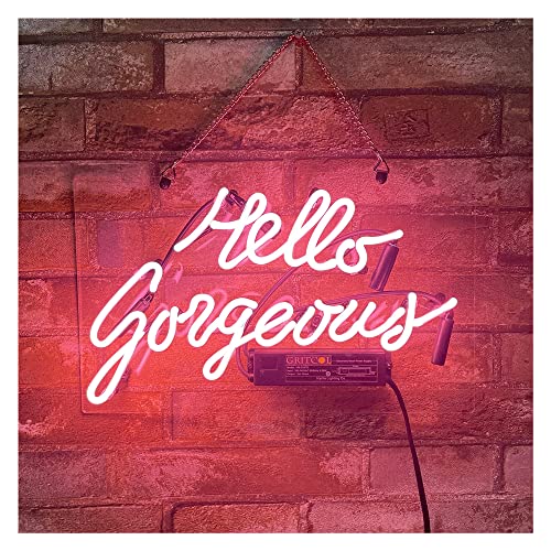 Gritcol Pink Hello Gorgeous Neon Sign Man Cave Room Decor Neon Lights Love Gifts Real Glass Hand Made 14″x9″