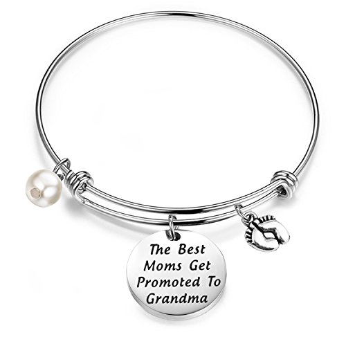 FEELMEM New Grandma Gift The Best Moms Get Promoted to Grandma Bangle Bracelet with Baby Footprint Charm (Silver)
