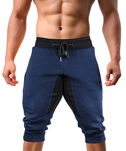 EKLENTSON Capri Pants for Men Training Gym Sweat Shorts Mens 3/4 Shorts Jogger Capri Pants for Men Blue