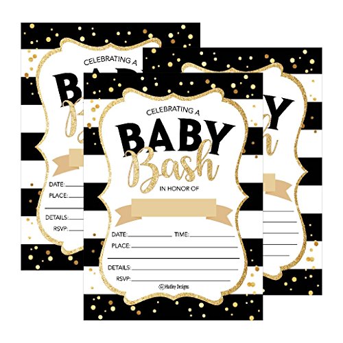25 Black Gold Bash Baby Shower Invitations, Cute Printed Fill or Write In Blank Invite for boys or girls, Printable Shabby Chic Unique Custom Vintage Coed Twin Sprinkle Party Card Stock Paper Supplies