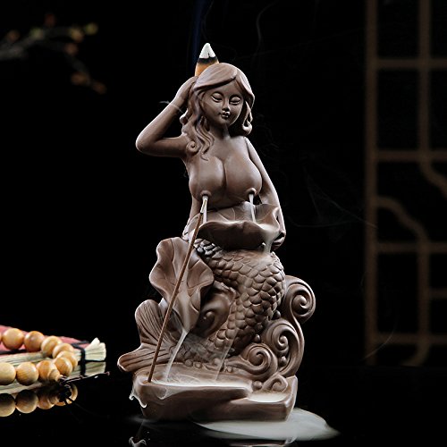 Zen Garden Ceramic Mermaid Incense Holder Backflow Incense Burner Incense Cones Stick Holder, Ideal for Yoga Room, Home Decoration 3.15”X2.76”X6.9”