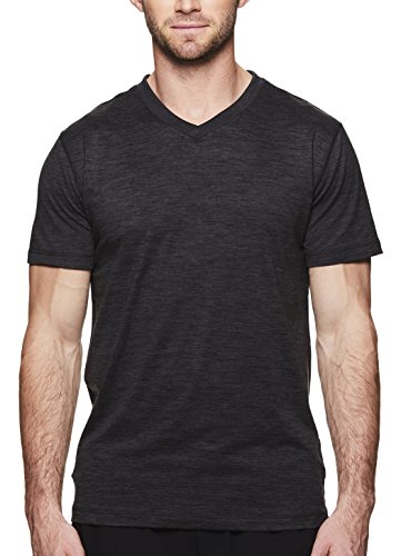Gaiam Men’s Everyday Basic V Neck T Shirt – Short Sleeve Yoga & Workout Top – Black Heather Everyday, X-Large