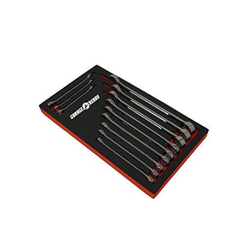 Garage Ready Wrench Organizer Tray – Holds 12 SAE or Metric Combination or Gear Wrenches (Black/Red)