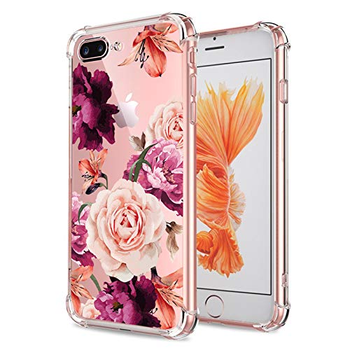 KIOMY iPhone 7 Plus 8 Plus Case Women Flowers Floral Pattern Bumper Shockproof Protective Back Cover Flexible Slim Fit Soft TPU Rubber Silicone Cell Phone Cases Clear with Cute Purple Rose Design Girl