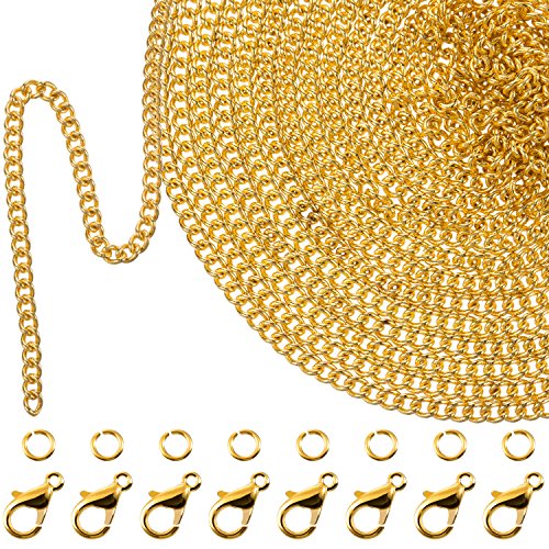 33 Feet Gold Plated Link Chain Necklace with 30 Jump Rings and 20 Lobster Clasps for Men Women Jewelry Chain DIY Making (1.5 mm)