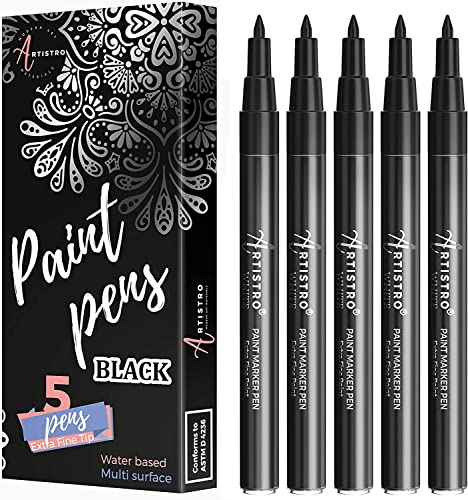 ARTISTRO Black Paint Pens for Rock Painting, Stone, Ceramic, Glass, Wood, Tire, Fabric, Metal, Canvas. Set of 5 Water Based Black Markers for Acrylic Painting Extra Fine Point Tip