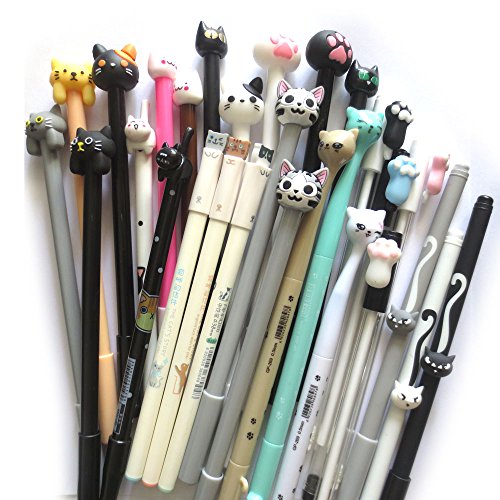 DzdzCrafts 12-Packs Cats Rollerball Gel Pens Black Ink Pens 0.35mm 0.38mm 0.5mm Bulk for Kids Students