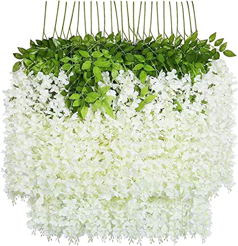 U’Artlines 12 Pack(Total 43.2 Feet) Artificial Fake Wisteria Vine Rattan Hanging Garland Silk Flowers String Home Party Wedding Decor (12, White)