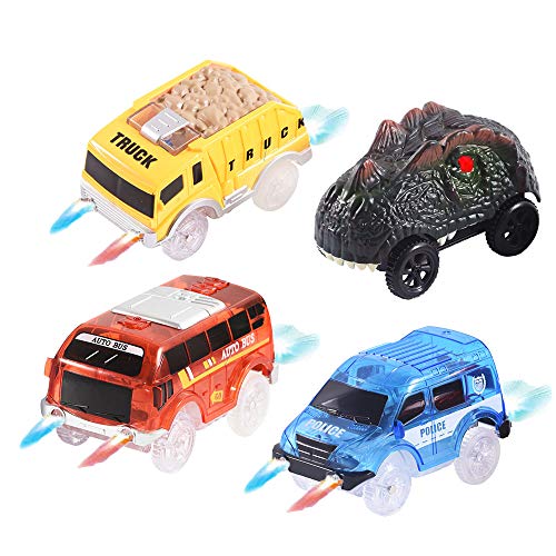 QUOXO 4 Pack Tracks Racing Car Only Replacement,Light Up Toy Cars Glow in The Dark Track Accessories for Boys and Girls
