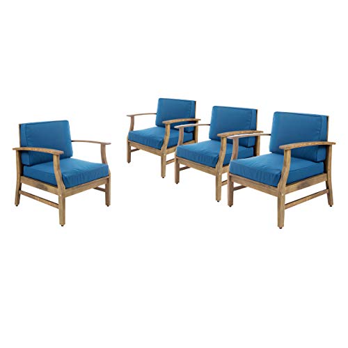 Christopher Knight Home Perla Outdoor Acacia Wood Club Chairs with Water Resistant Cushions (Set of 4), 4-Pcs Set, Teak Finish/Blue