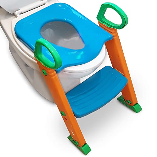 Potty Training Seat Toilet w/Step Stool Ladder & Splash Guard, Toddlers Trainer w/Handles. Sturdy & Foldable. Non-Slip Steps & Anti Slip Pads. Adjustable Potty Chair – Boys Girls Baby (Blue/Orange)