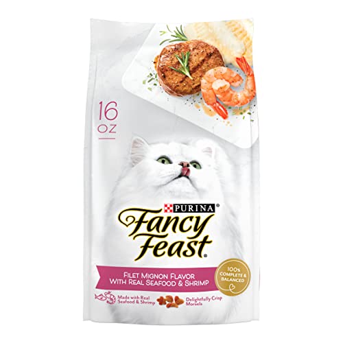 Purina Fancy Feast Dry Cat Food, Filet Mignon Flavor With Real Seafood & Shrimp – (4) 16 oz. Bags