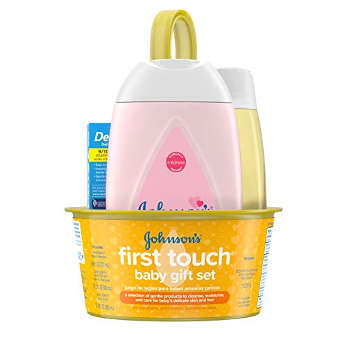 Johnson’s First Touch Baby Gift Set, Baby Bath, Skin, & Hair Essential Products, Kit for New Parents with Wash, Shampoo, Lotion, & Diaper Rash Cream, Hypoallergenic & Paraben-Free, 5 Items