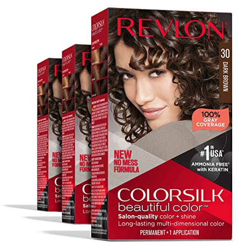 Permanent Hair Color by Revlon, Permanent Hair Dye, Colorsilk with 100% Gray Coverage, Ammonia-Free, Keratin and Amino Acids, 30 Dark Brown, 4.4 Oz (Pack of 3)