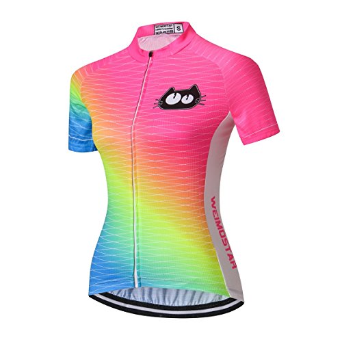 Women Cycling Jersey Shirt Team Bike Clothing Summer cat Fluorescent Green M
