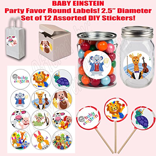 Baby Einstein Stickers, Large 2.5” Round Circle Stickers to place onto Party Favor Bags, Cards, Boxes or Containers -12 pcs, Baby Animals, Giraffe, Elephant, Bunny, Turtle