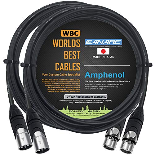 2 Units – 10 Foot – Canare L-4E6S, Star Quad Balanced Male to Female Microphone Cables with Amphenol AX3M & AX3F Silver XLR Connectors – Custom Made by WORLDS BEST CABLES