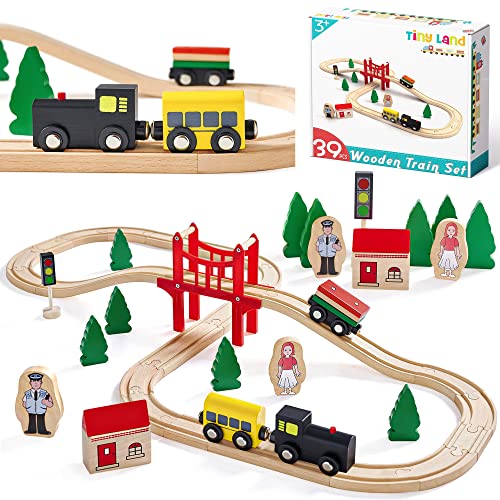 Tiny Land Wooden Train Set for Toddler – 39 Pcs- with Wooden Tracks fits Thomas/fits Brio/fits Chuggington/fits Melissa and Doug- Expandable, Changeable-Train Toy for 3 4 5 Years Old Girls & Boys