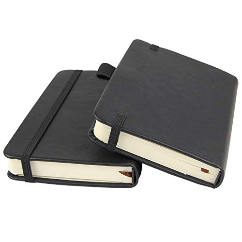 (2-Pack) Pocket Notebook 3.5″ x 5.5″, Small Hardcover Journal with Pen Holder, Inner Pockets, 100gsm Thick Ruled/Lined Paper, Black