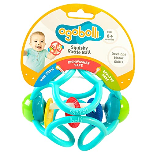 OgoBolli Rattle & Teether Toy for Babies – Tactile Sensory Ball – Stretchy, Soft Non-Toxic Silicone – Ages 6 Months and up – Blue
