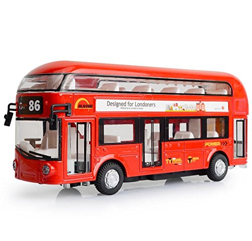 Pull Back City Bus 7″ London Double Decker Bus Routemaster City Tourist Closed Top Diecast with Lights Sounds and Openable Doors, 1/50 Scale Double Decker Bus Model