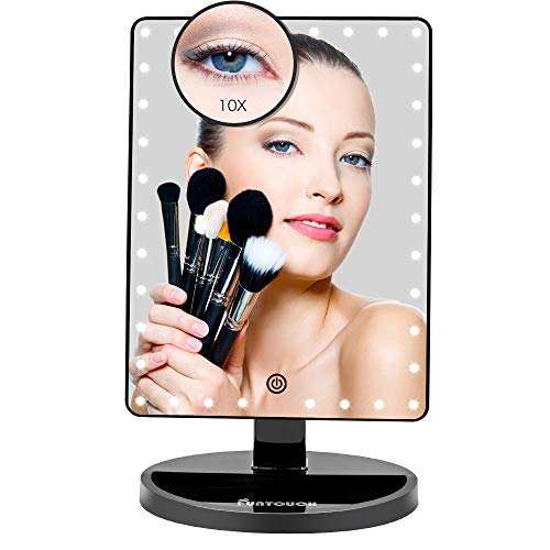 FUNTOUCH Large Lighted Vanity Makeup Mirror (X-Large Model), Light Up Mirror with 35 LED Lights, Touch Screen and 10X Magnification Mirror, 360° Rotation Tabletop Cosmetic Mirror (Black)