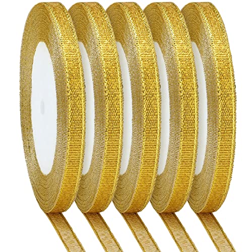 Gejoy 5 Rolls 0.24 inch Glitter Ribbons Metallic Ribbons for Crafters Gifts Wrapping Decorations DIY Crafts Arts (Gold Ribbons)