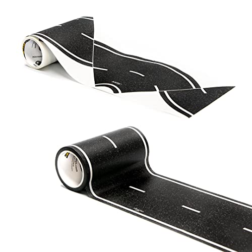 PlayTape Road Tape and Curves for Toy Cars – 1 Roll of 30 ft. x 4 in. Black Road + 1 Roll of 12 Curves
