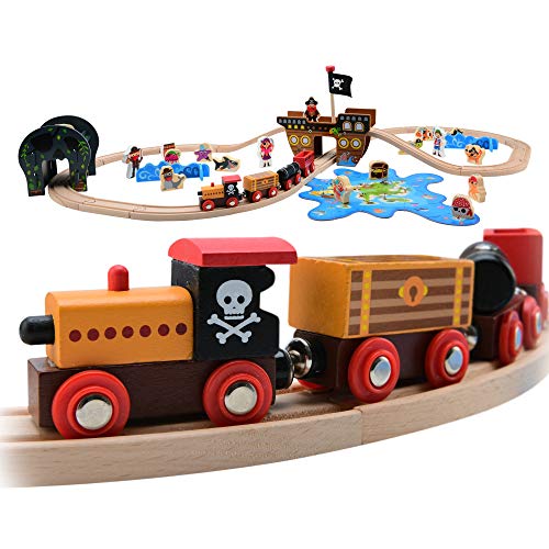 Pidoko Kids Pirate Theme Wooden Train Set – 72 Pcs – Includes Magnet Fishing Poles – Set compatible with all major brand tracks and trains