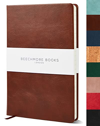 Ruled Notebook – British A5 Journal by Beechmore Books | Large 5.75″ x 8.25″ Hardcover Vegan Leather, Thick 120gsm Cream Lined Paper | Gift Box | Chestnut Brown